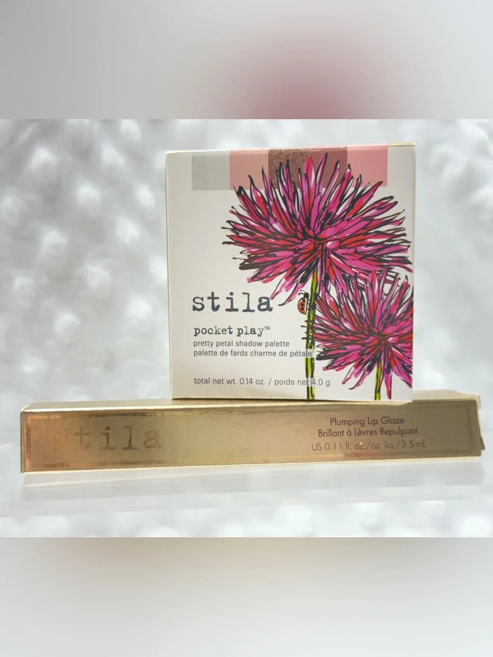 Stila Pink Floral Pocket Play Pretty Petal Palette with Plumping Lip Glaze Maple